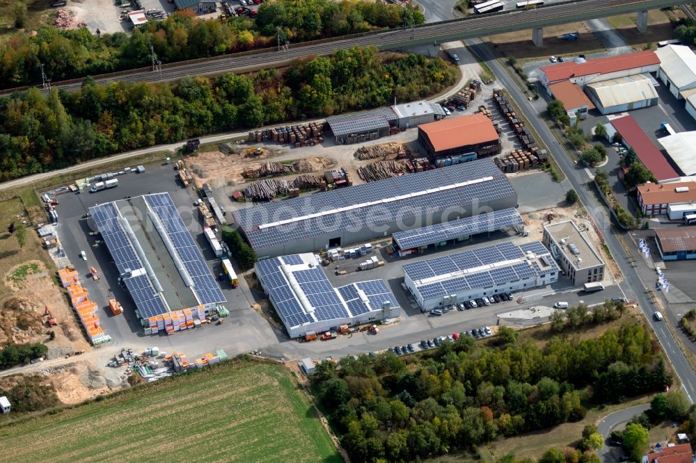 Gemünden am Main from above - Building and production halls on the premises of LohrElement GmbH in the district Langenprozelten in Gemuenden am Main in the state Bavaria, Germany