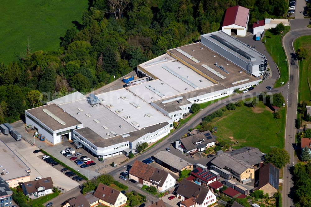 Schöntal from above - Building and production halls on the premises of LTI-Metalltechnik GmbH Im Fluerlein in Schoental in the state Baden-Wurttemberg, Germany