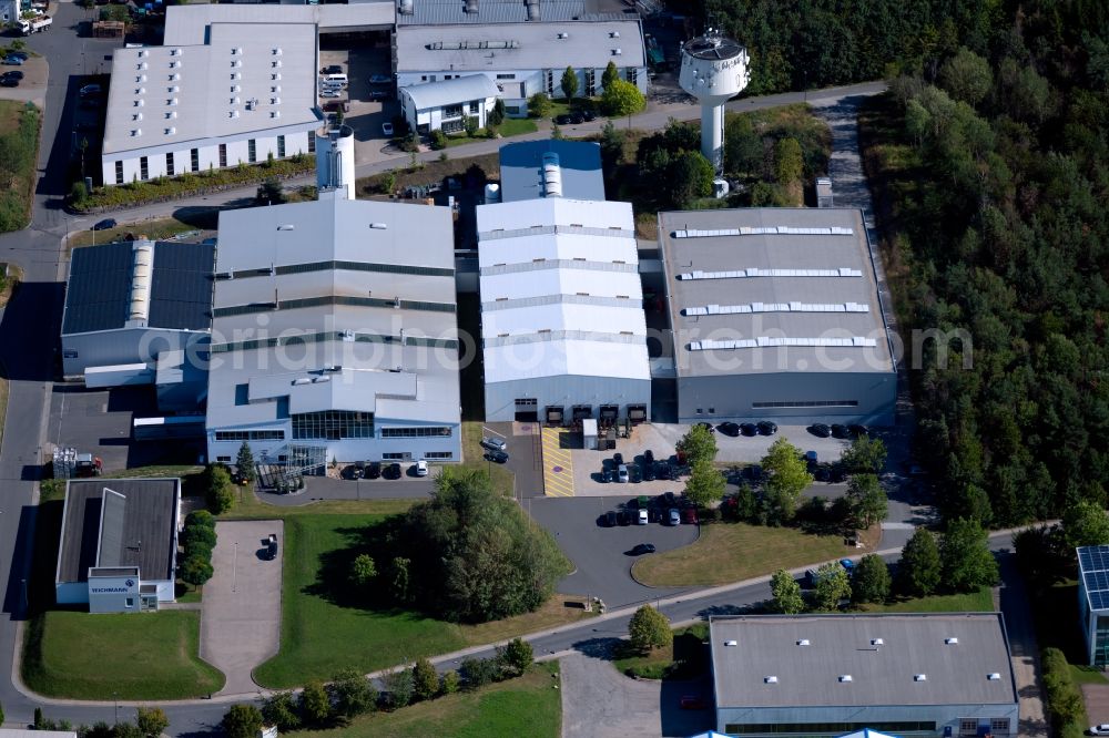 Osterburken from above - Building and production halls on the premises of LTI-Metalltechnik GmbH at Industriepark in Osterburken in the state Baden-Wurttemberg, Germany