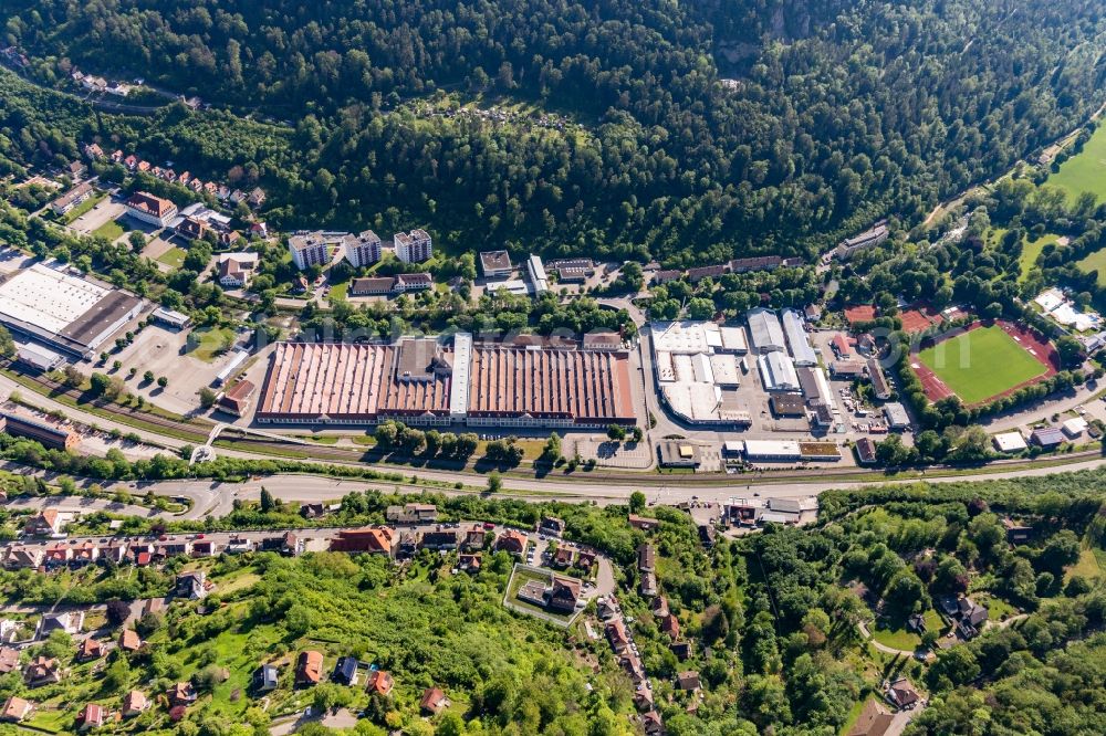 Oberndorf am Neckar from the bird's eye view: Building and production halls on the premises of Mauser-Werke Oberndorf Maschinenbau GmbH in Oberndorf am Neckar in the state Baden-Wurttemberg, Germany