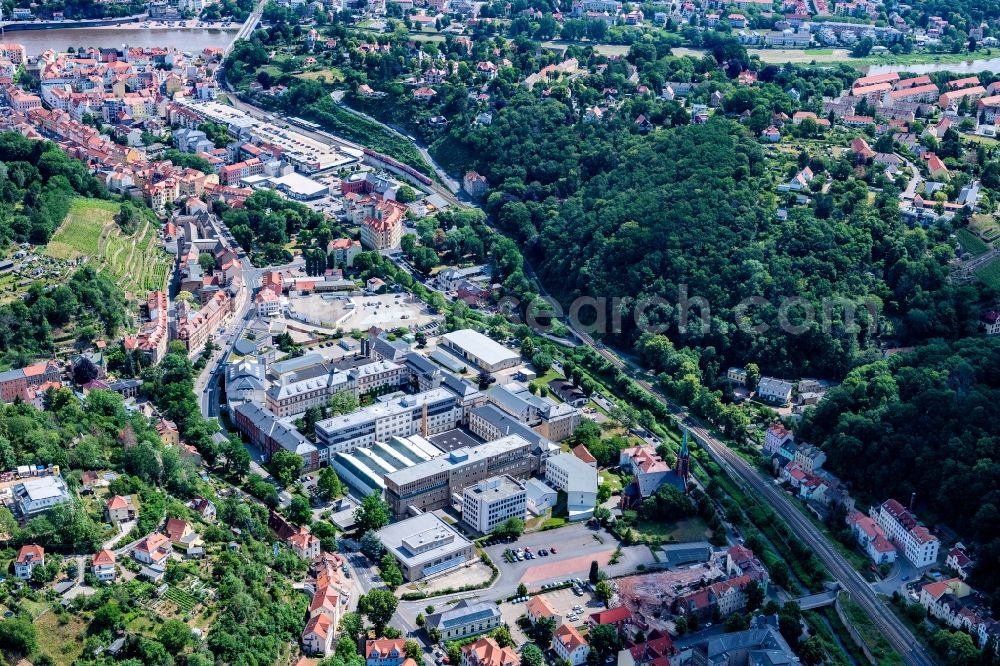 Meißen from the bird's eye view: Building and production halls on the premises Meissner Porzelan in Meissen in the state Saxony, Germany