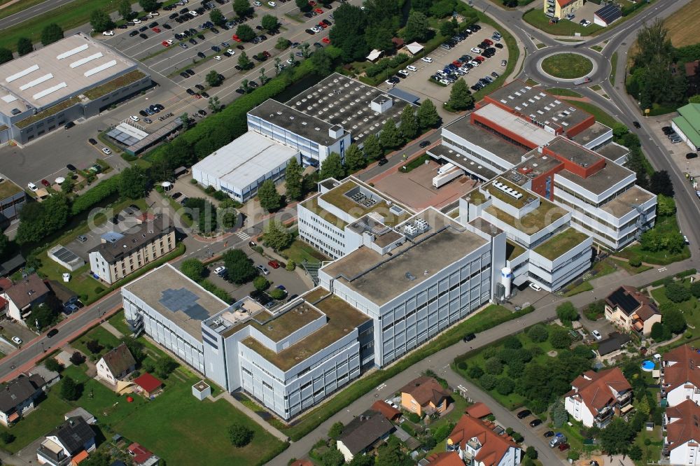 Maulburg from above - Buildings and halls on the premises of measurement and control company Endress and Hauser Maulburg in the state Baden-Wurttemberg