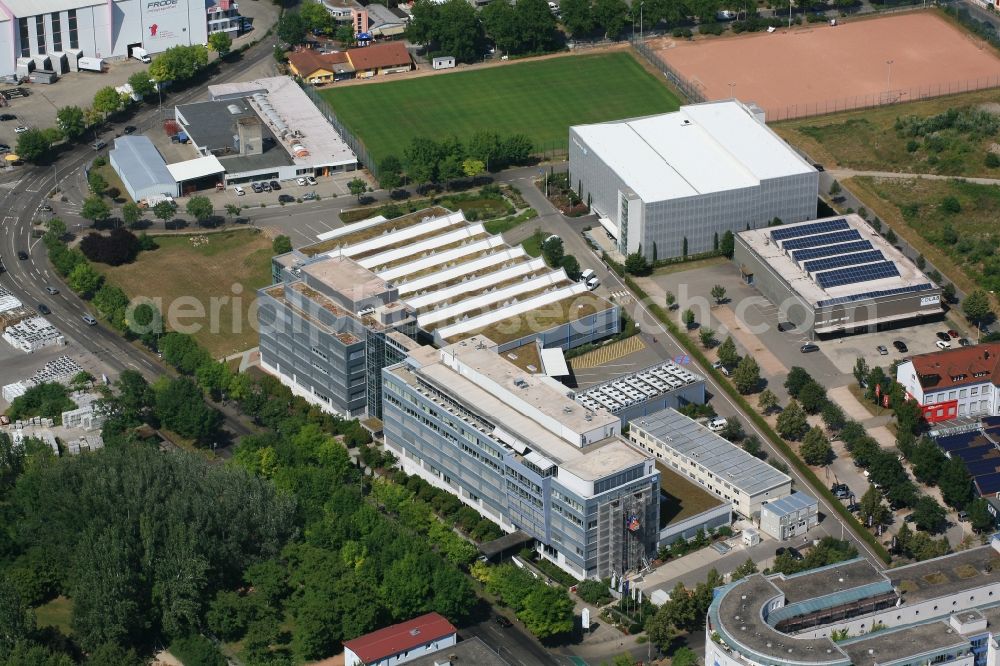 Weil am Rhein from above - Buildings and halls on the premises of measurement and control company Endress and Hauser in the district Friedlingen in Weil am Rhein in the state Baden-Wurttemberg