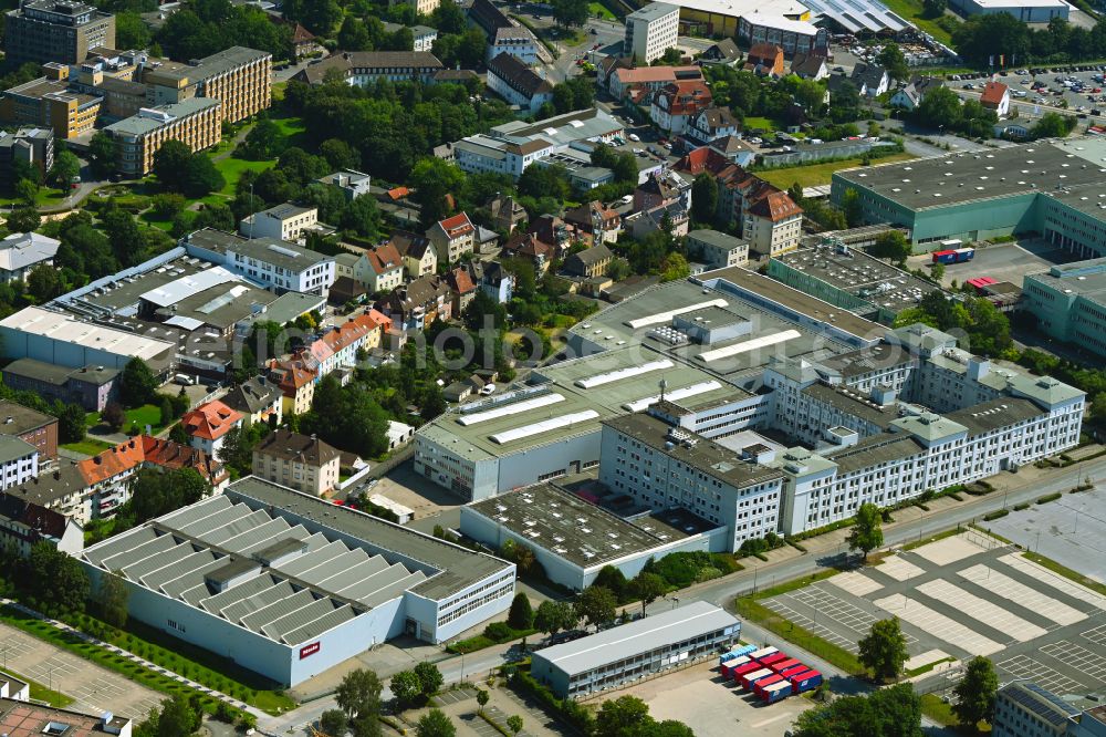 Bielefeld from the bird's eye view: Building and production halls on the premises Miele on street Mielestrasse in the district Mitte in Bielefeld in the state North Rhine-Westphalia, Germany