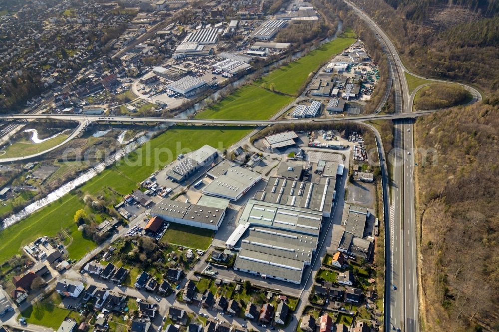 Aerial image Arnsberg - Building and production halls on the premises of Miele Vertriebsgesellschaft Deutschland KG on Breddestrasse in Arnsberg in the state North Rhine-Westphalia, Germany