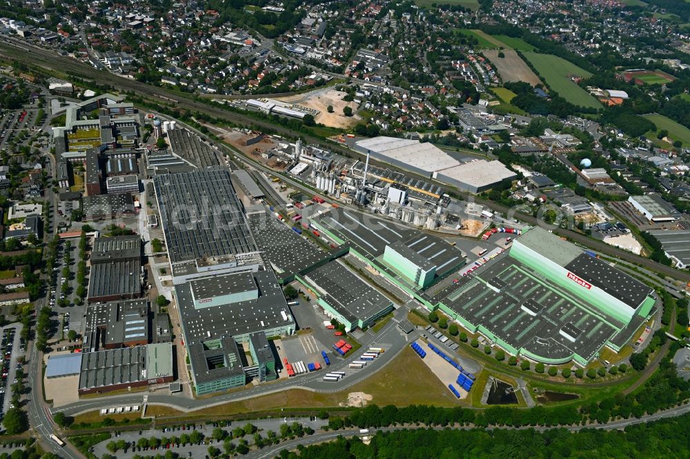 Gütersloh from the bird's eye view: Building and production halls on the premises of Miele & Cie. KG on Carl-Miele-Strasse in the district Spexard in Guetersloh in the state North Rhine-Westphalia, Germany