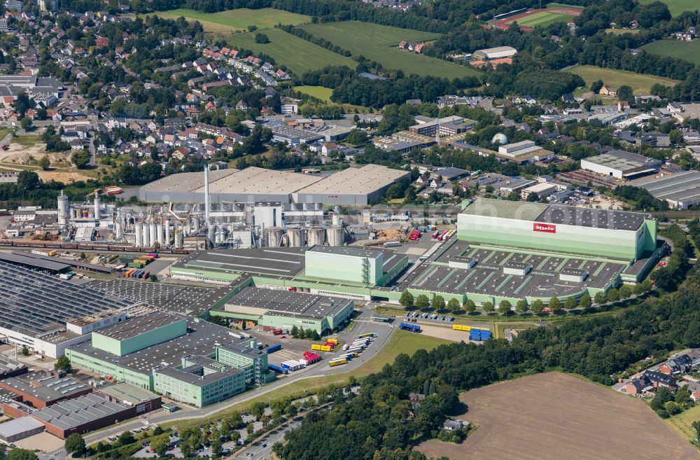 Gütersloh from above - Building and production halls on the premises of Miele Vertriebsgesellschaft Deutschland KG on Carl-Miele-Strasse in the district Spexard in Guetersloh in the state North Rhine-Westphalia, Germany