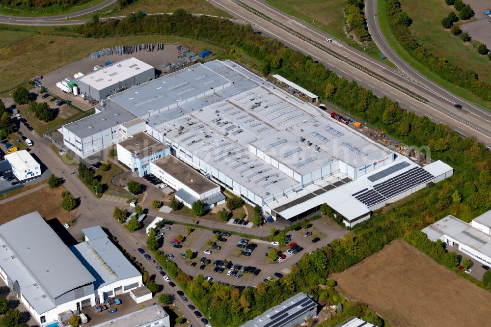 Neuenstadt am Kocher from above - Building and production halls on the premises of the Neumeister Hydraulik GmbH at the Otto-Neumeister-Strasse in Neuenstadt am Kocher in the state Baden-Wurttemberg, Germany