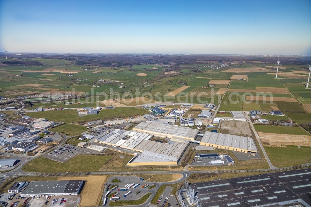 Brilon from above - Building and production halls on the premises of Oventrop GmbH & Co. KG Hinterm Gallberg in Brilon in the state North Rhine-Westphalia, Germany