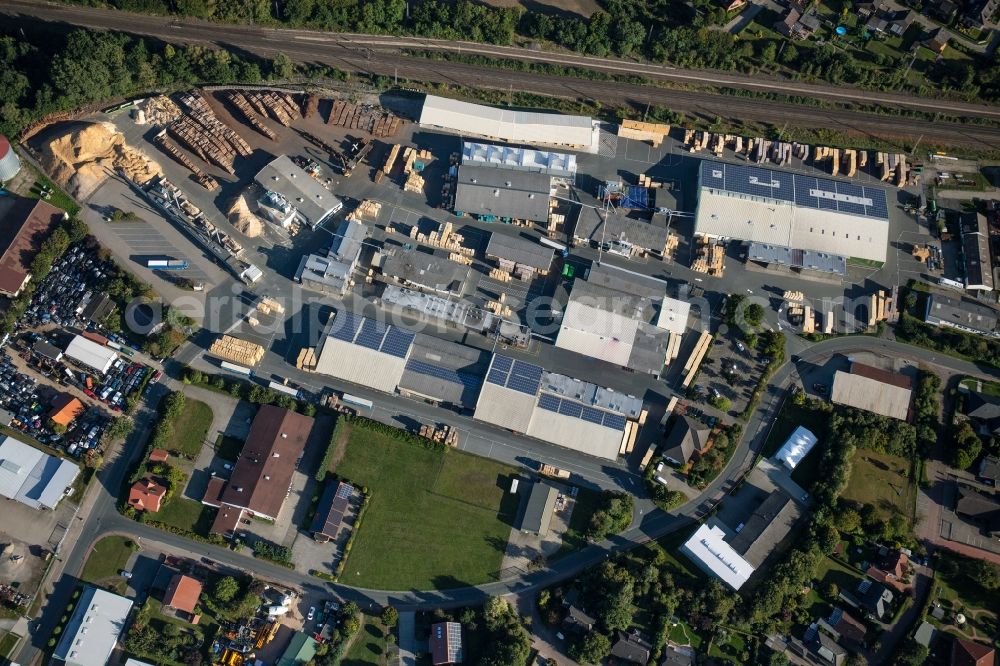 Bassum from above - Building and production halls on the premises Palettenfabrik Bassum GmbH on Carl-Zeiss-Strasse in Bassum in the state Lower Saxony, Germany