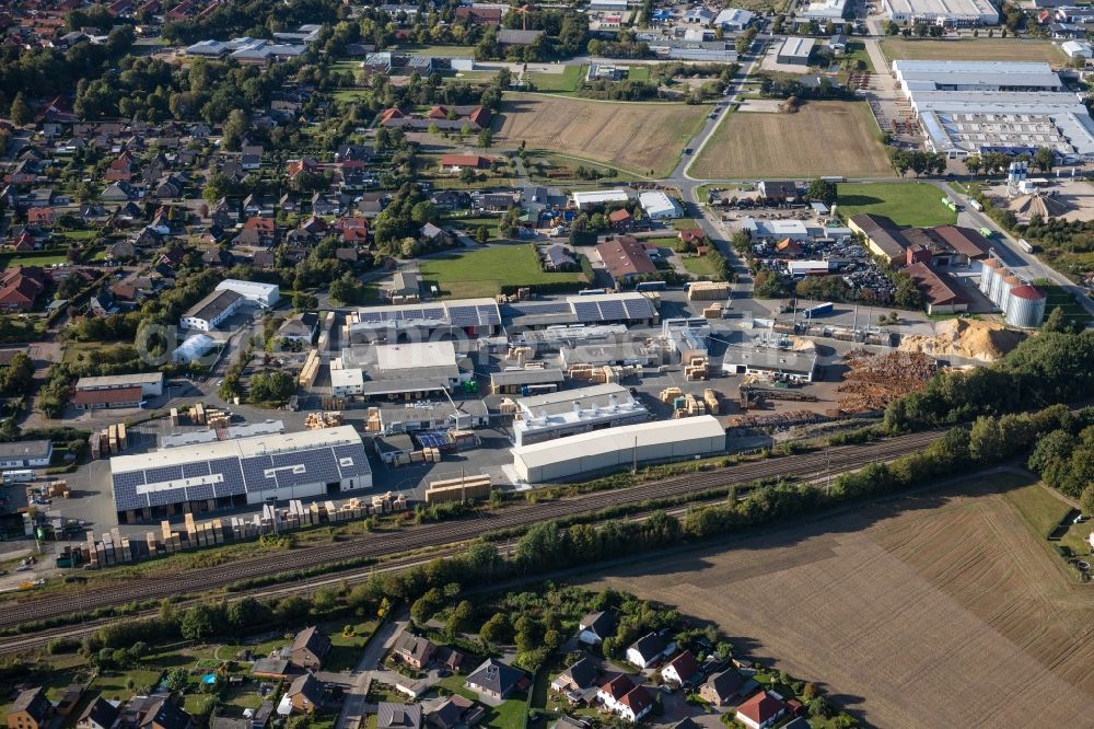 Bassum from above - Building and production halls on the premises Palettenfabrik Bassum GmbH on Carl-Zeiss-Strasse in Bassum in the state Lower Saxony, Germany