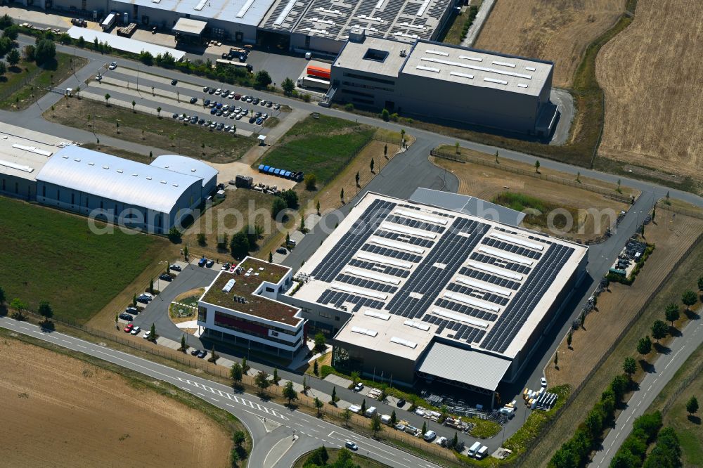 Boxberg from above - Building and production halls on the premises of PAN-DUR GmbH on street Max-Planck-Strasse in Boxberg in the state Baden-Wurttemberg, Germany