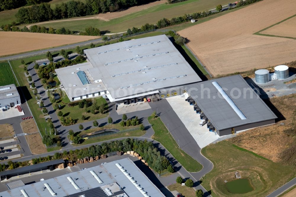 Boxberg from above - Building and production halls on the premises of PAN-DUR GmbH in the Max-Planck-Strasse in Boxberg in the state Baden-Wurttemberg, Germany