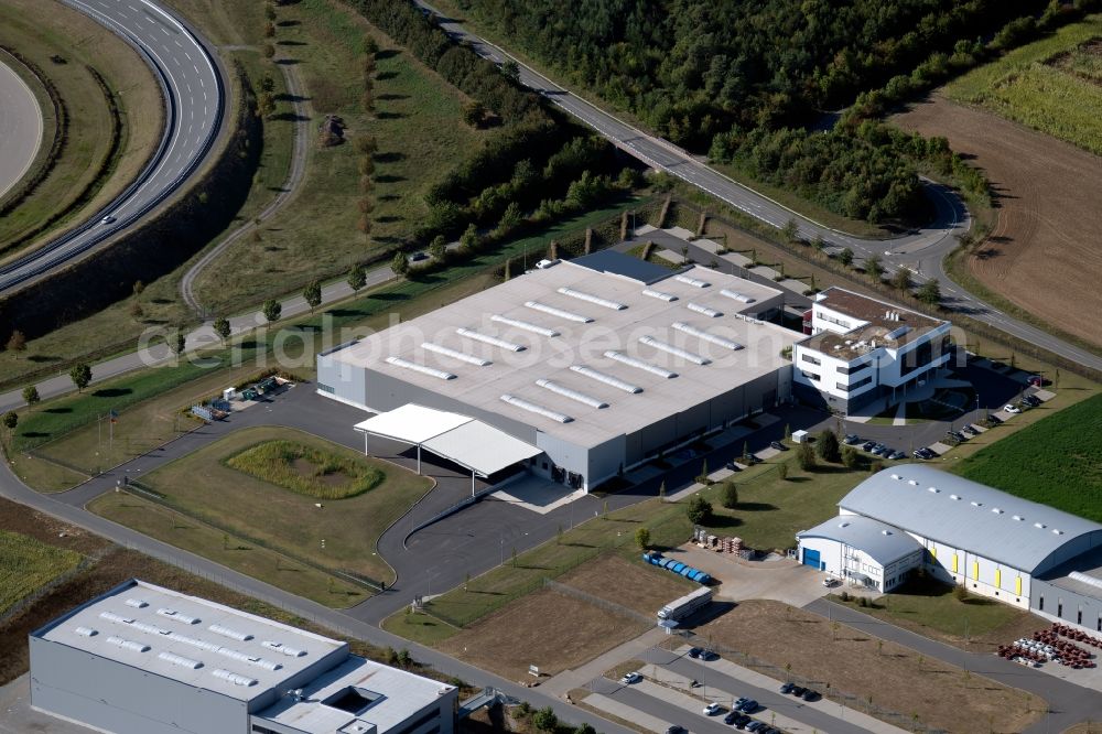 Aerial image Boxberg - Building and production halls on the premises of PAN-DUR GmbH in the Max-Planck-Strasse in Boxberg in the state Baden-Wurttemberg, Germany