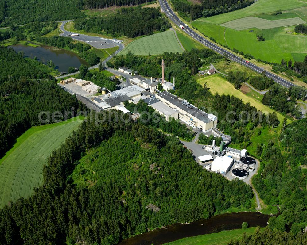 Köditz from above - Building and production halls on the premises of the paper mill of Carl Macher GmbH & Co. KG on street Fabrikstrasse in the district Brunnenthal in Koeditz in the state Bavaria, Germany