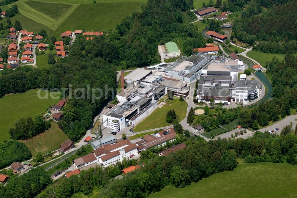 Gmund am Tegernsee from above - Building and production halls on the premises of Papierfabrik Louisenthal GmbH in Gmund am Tegernsee in the state Bavaria, Germany