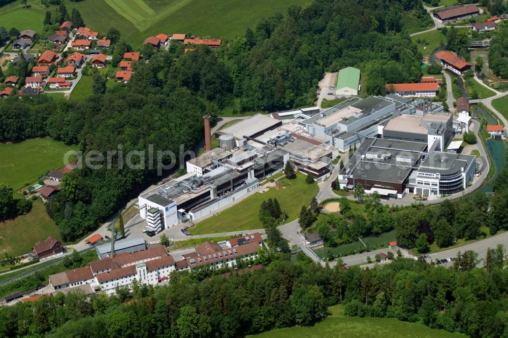 Gmund am Tegernsee from the bird's eye view: Building and production halls on the premises of Papierfabrik Louisenthal GmbH in Gmund am Tegernsee in the state Bavaria, Germany