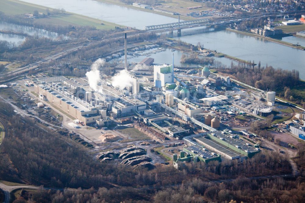 Karlsruhe from above - Building and production halls on the premises of Papierfabrik Stora Enso on the Rhine river on street Mitscherlichstrasse in Karlsruhe in the state Baden-Wurttemberg, Germany