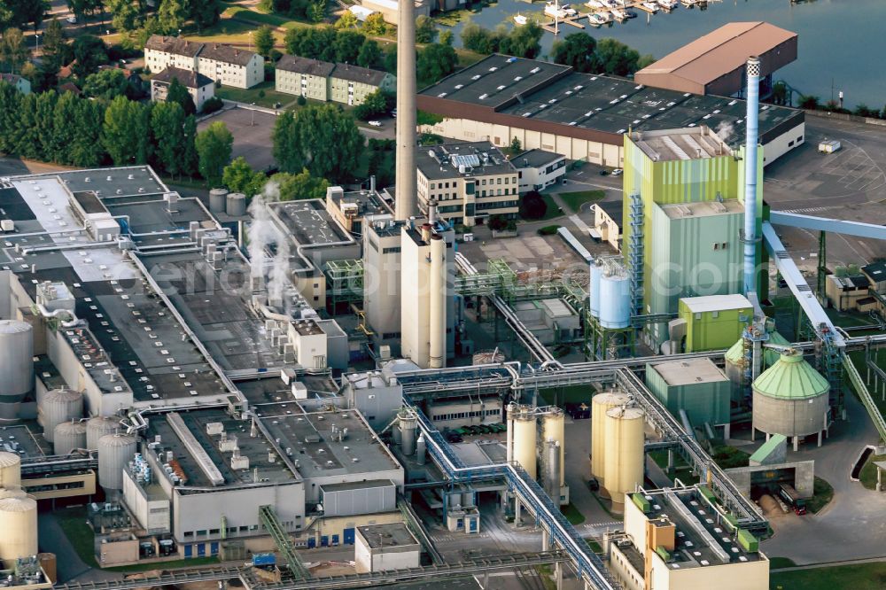 Karlsruhe from above - Building and production halls on the premises of Papierfabrik Stora Enso on the Rhine river on street Mitscherlichstrasse in Karlsruhe in the state Baden-Wurttemberg, Germany