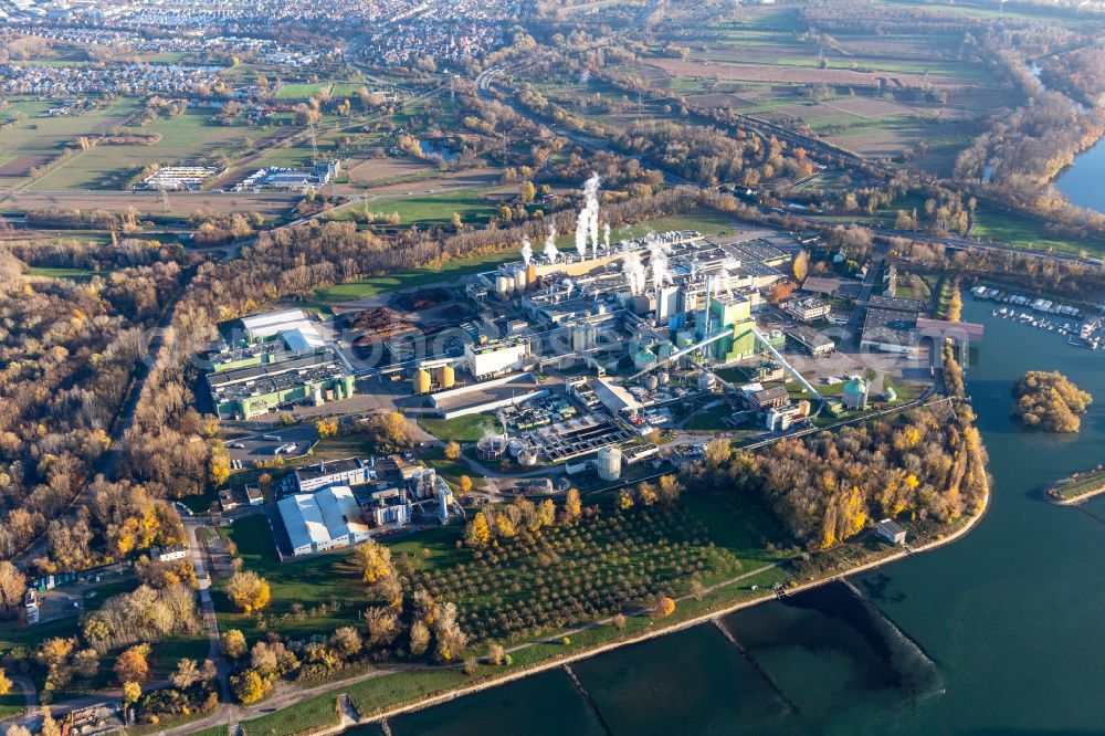 Karlsruhe from above - Building and production halls on the premises of Papierfabrik Stora Enso on the Rhine river on street Mitscherlichstrasse in Karlsruhe in the state Baden-Wurttemberg, Germany