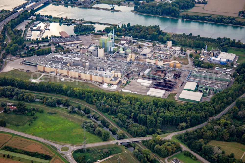 Karlsruhe from above - Building and production halls on the premises of Papierfabrik Stora Enso on the Rhine river on street Mitscherlichstrasse in Karlsruhe in the state Baden-Wurttemberg, Germany