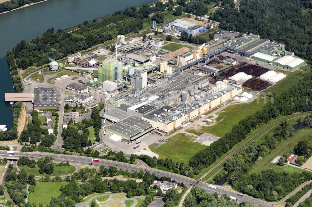 Aerial image Karlsruhe - Building and production halls on the premises of Papierfabrik Stora Enso on the Rhine river on street Mitscherlichstrasse in Karlsruhe in the state Baden-Wurttemberg, Germany