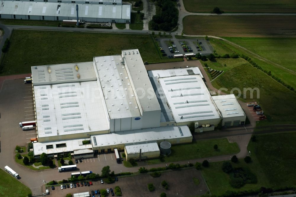 Brück from the bird's eye view: Building and production halls on the premises of Paul Hartmann AG on Gregor-von-Brueck-Ring in Brueck in the state Brandenburg, Germany