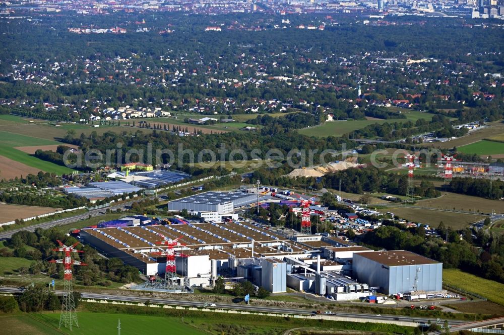 München from above - Building and production halls on the premises of the brewery Paulaner Brauerei in the district Lochhausen in Munich in the state Bavaria, Germany