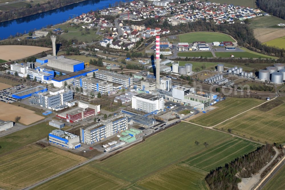 Sisseln from the bird's eye view: Building and production halls on the premises of the chemical manufacturers DSM Nutritional Products AG in Sisseln in the canton Aargau, Switzerland