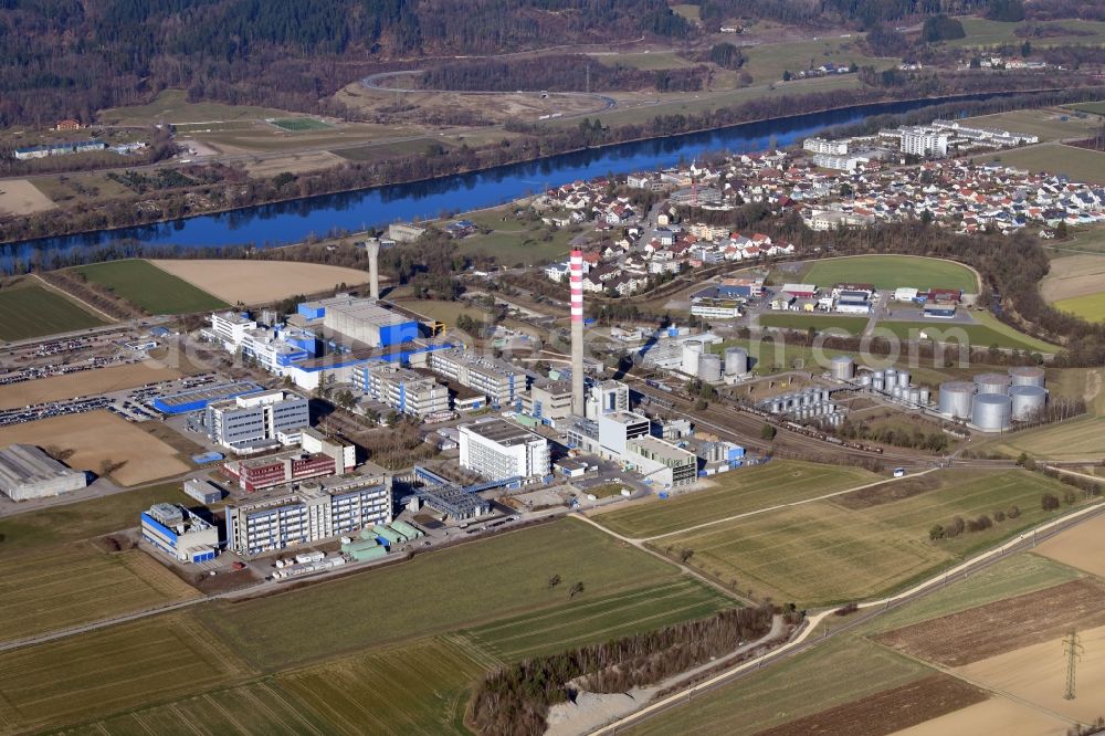 Aerial image Sisseln - Building and production halls on the premises of the chemical manufacturers DSM Nutritional Products AG in Sisseln in the canton Aargau, Switzerland