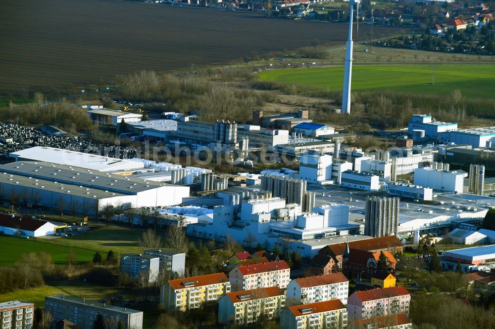 Weißandt-Gölzau from above - Building and production halls on the premises of POLIFILM GmbH in Weissandt-Goelzau in the state Saxony-Anhalt, Germany