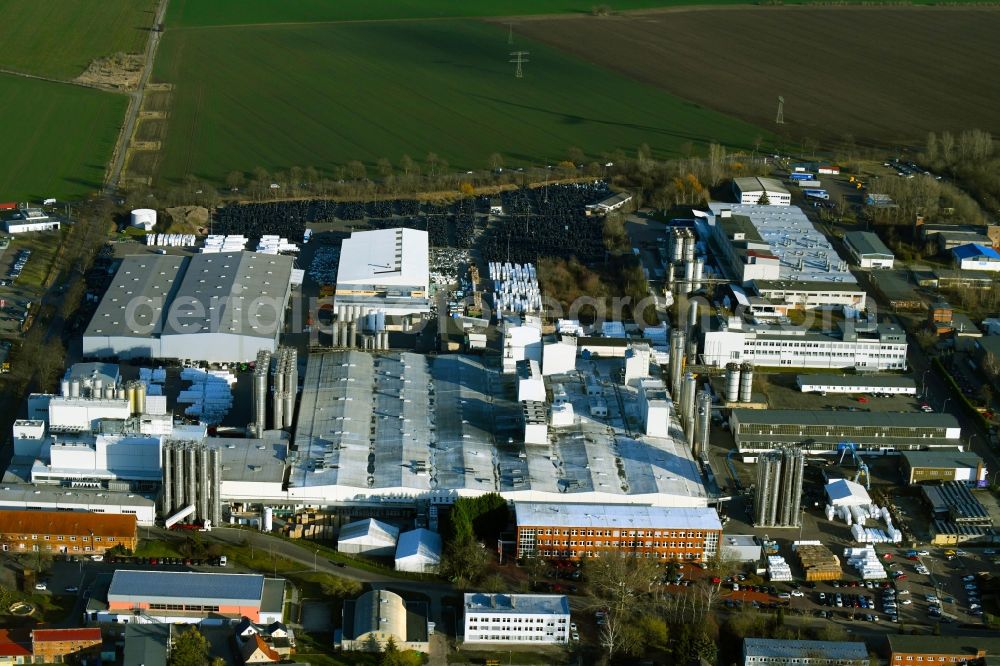 Weißandt-Gölzau from the bird's eye view: Building and production halls on the premises of POLIFILM GmbH in Weissandt-Goelzau in the state Saxony-Anhalt, Germany