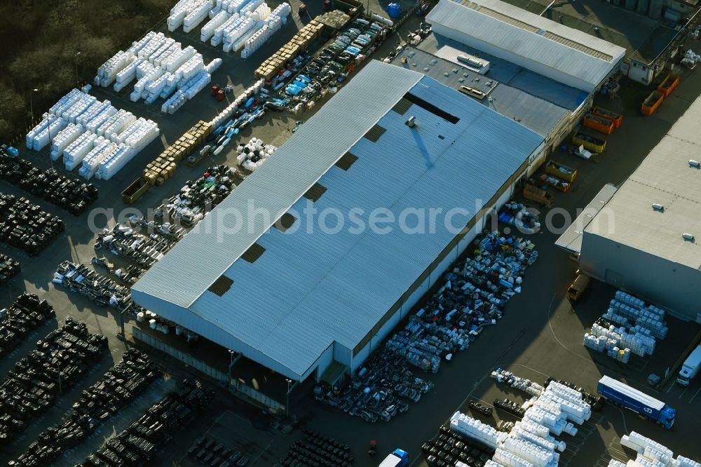 Weißandt-Gölzau from the bird's eye view: Building and production halls on the premises of POLIFILM GmbH in Weissandt-Goelzau in the state Saxony-Anhalt, Germany