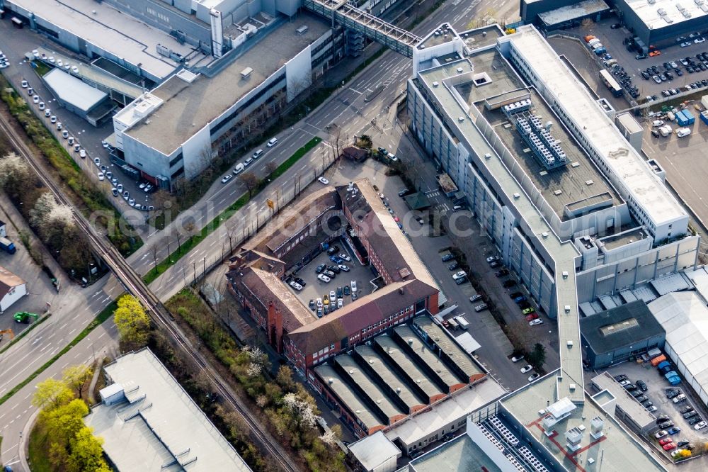 Aerial image Zuffenhausen - Building and production halls on the premises of Porsche factory 1 in Zuffenhausen in the state Baden-Wurttemberg, Germany