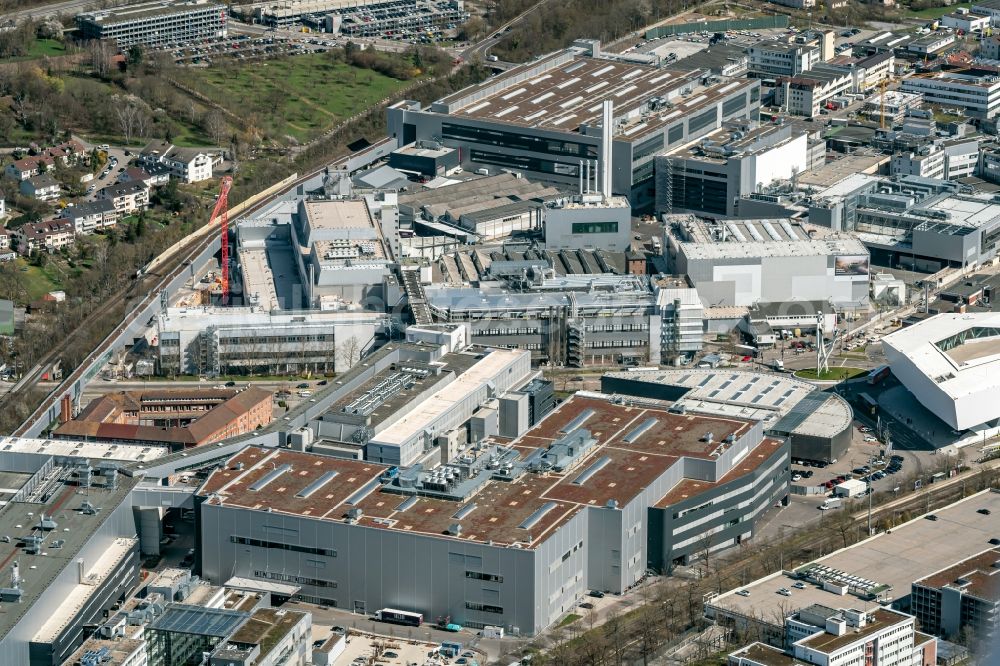 Zuffenhausen from the bird's eye view: Building and production halls on the premises of Porsche factory 1 in Zuffenhausen in the state Baden-Wurttemberg, Germany