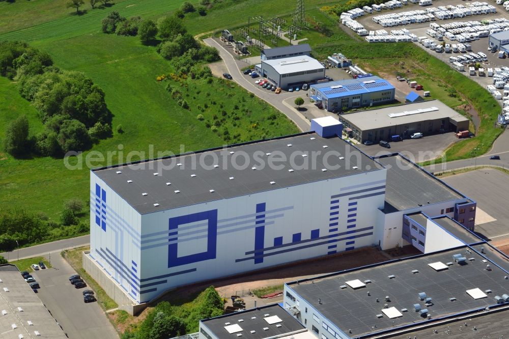 St. Wendel from above - Premises and production facilities of Fresenius Medical Care Germany GmbH in Sankt Wendel in Saarland. At the facility, life-saving products like dialyzers (artificial kidneys), blood lines and systems for peritoneal dialysis are developed and manufactured