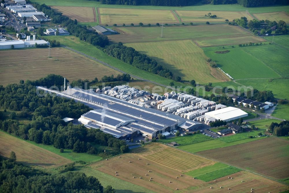 Bannberscheid from above - Building and production halls on the premises of Roeben Tonbaustoffe GmbH on Kirchstrasse in Bannberscheid in the state Rhineland-Palatinate, Germany