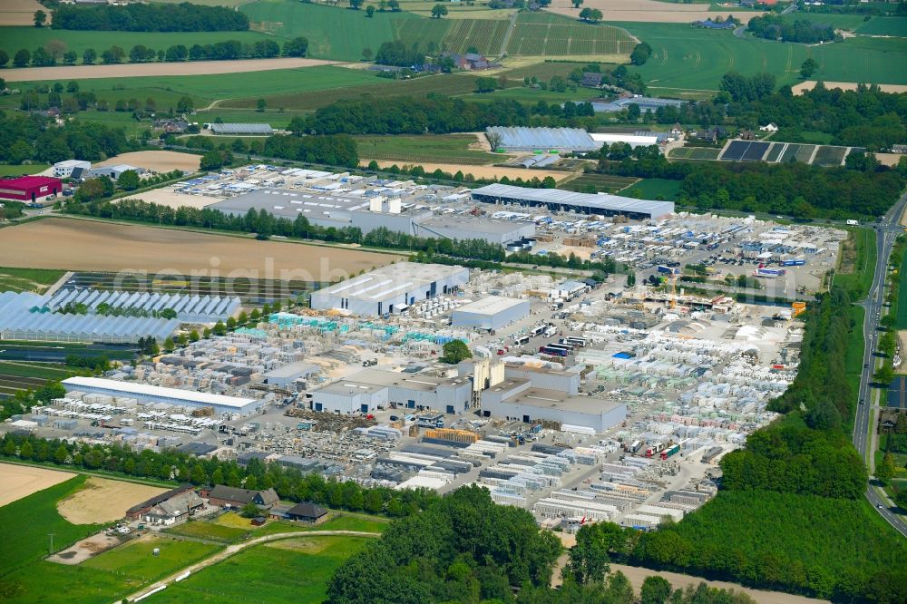Kevelaer from above - Building and production halls on the premises of Redsun GmbH & Co. KG on Delbrueckstrasse in Kevelaer in the state North Rhine-Westphalia, Germany