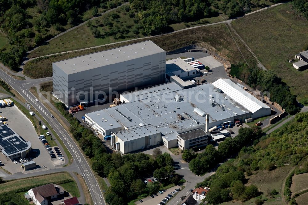 Grünsfeld from the bird's eye view: Building and production halls on the premises of Refresco Deutschland GmbH at the Roetensteinstrasse in Gruensfeld in the state Baden-Wurttemberg, Germany