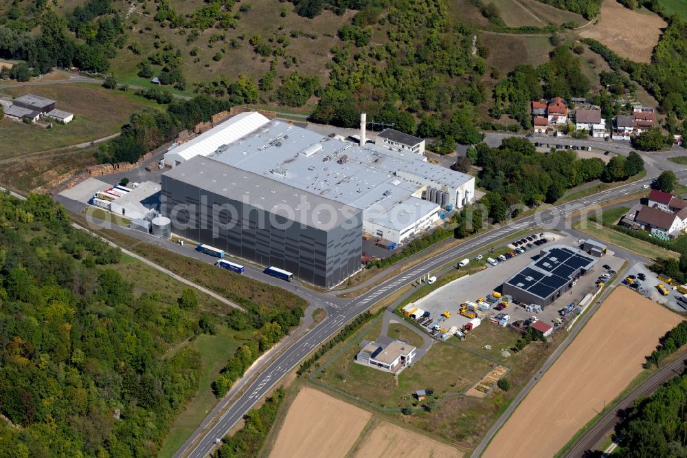 Grünsfeld from above - Building and production halls on the premises of Refresco Deutschland GmbH at the Roetensteinstrasse in Gruensfeld in the state Baden-Wurttemberg, Germany