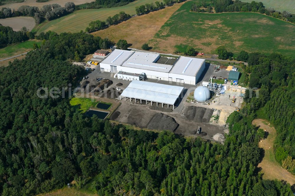 Aerial image Mehrow - Buildings and production halls of the factory premises RETERRA Service GmbH Kompostwerk Trappenfelde on the street Am Walde in Mehrow in the federal state of Brandenburg, Germany