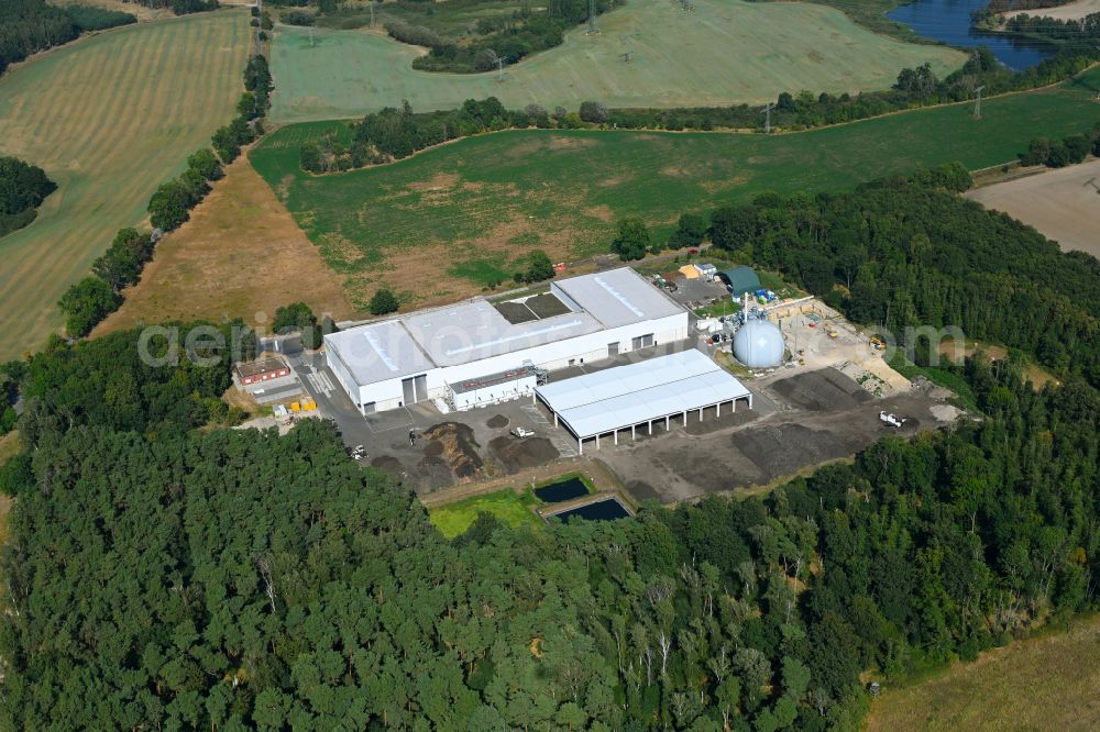 Mehrow from above - Buildings and production halls of the factory premises RETERRA Service GmbH Kompostwerk Trappenfelde on the street Am Walde in Mehrow in the federal state of Brandenburg, Germany