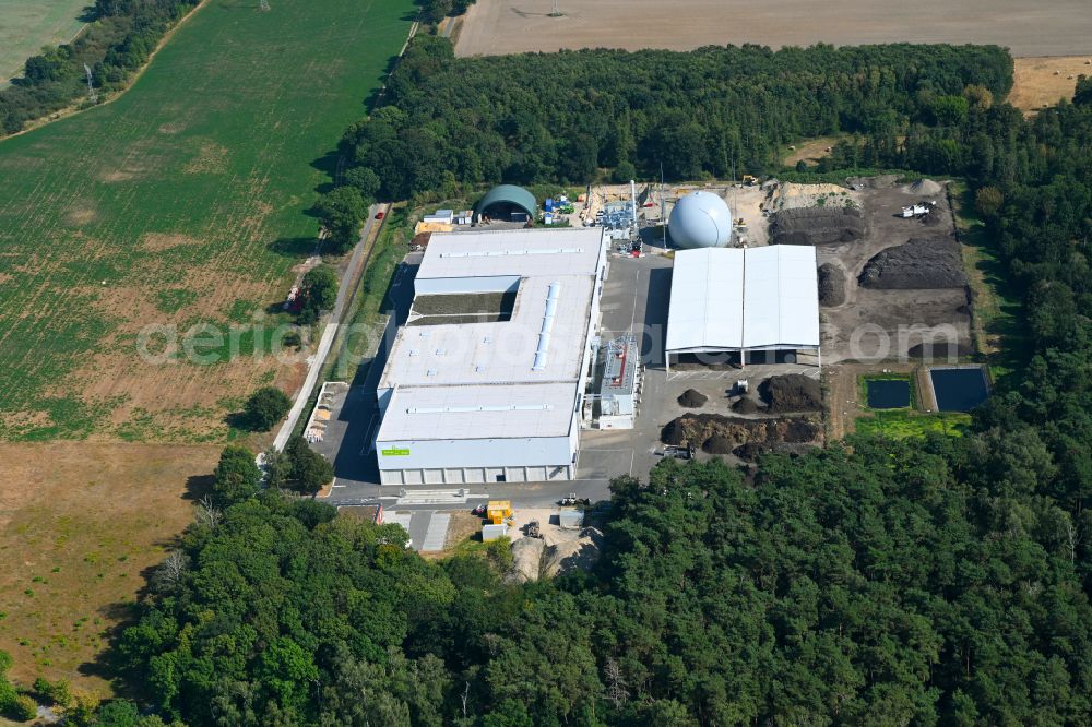 Mehrow from above - Buildings and production halls of the factory premises RETERRA Service GmbH Kompostwerk Trappenfelde on the street Am Walde in Mehrow in the federal state of Brandenburg, Germany