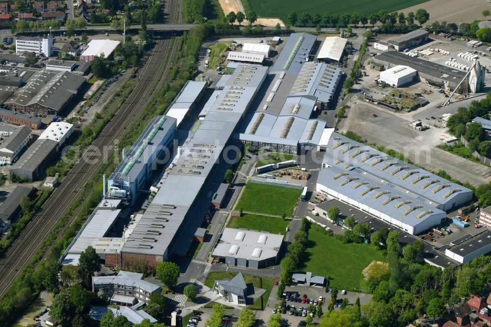 Aerial image Datteln - Building and production halls on the premises of RHEINZINK GmbH & Co. KG on Bahnhofstrasse in Datteln in the state North Rhine-Westphalia, Germany