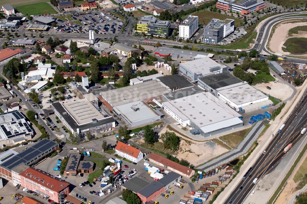 Schwabach from above - Building and production halls on the premises of the Richard Bergner Holding GmbH & Co. KG AG Nuernberg, HRA 9293 in the Industriestrasse in Schwabach in the state Bavaria, Germany