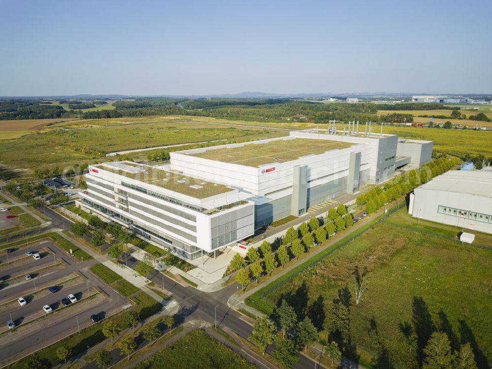 Dresden from the bird's eye view: Factory premises lab, Semiconductor Fabrication Plant of Robert Bosch Semiconductor Manufacturing Dresden GmbH in the district Hellerau in Dresden in the state Saxony, Germany