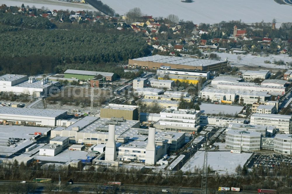 Dahlewitz from above - Building and production halls on the premises of Rolls-Royce Deutschland on Eschenweg in Dahlewitz in the state Brandenburg, Germany