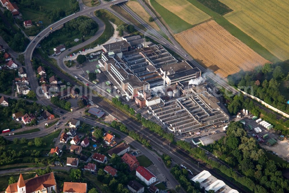 Aalen from the bird's eye view: Building and production halls on the premises of RUD Ketten Rieger & Dietz GmbH u. Co. KG in the district Unterkochen in Aalen in the state Baden-Wuerttemberg, Germany