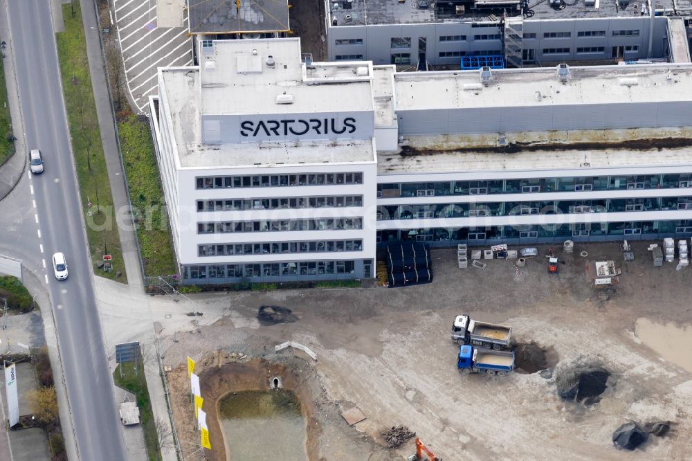 Göttingen from above - Building and production halls on the premises of Sartorius AG in Goettingen in the state Lower Saxony, Germany