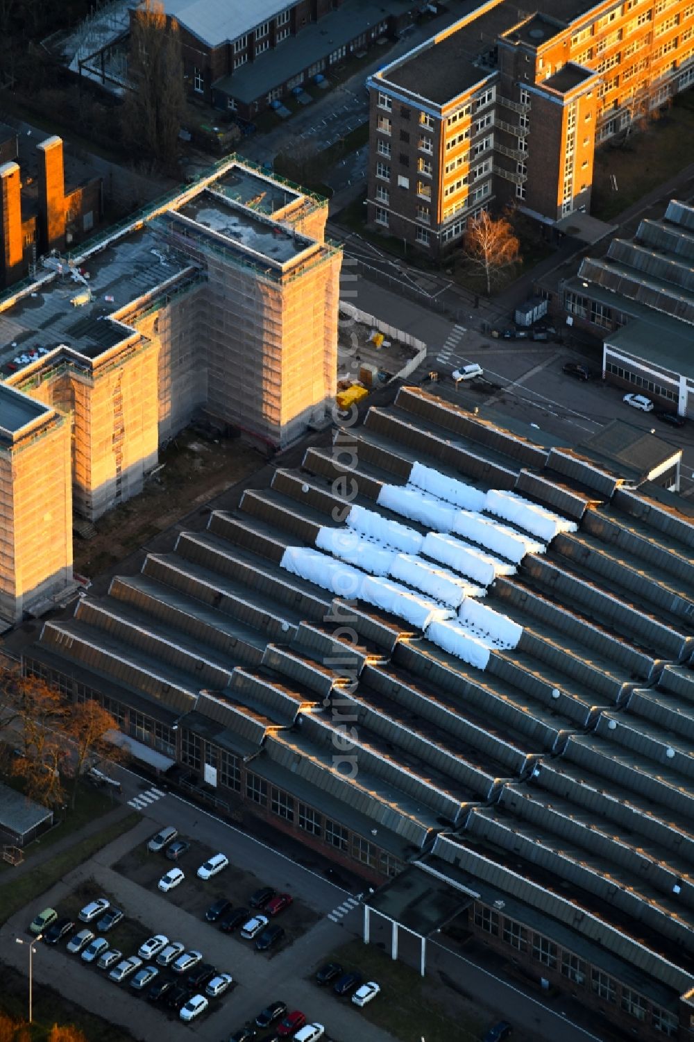 Berlin from above - Building and production halls on the premises of Schindler Deutschland AG & Co. KG on Schindler-Platz in the district Mariendorf in Berlin, Germany